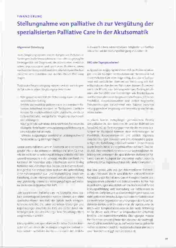 Vorschauseite 1: Stellungnahme von palliative ch zur Vergütung der spezialisierten Palliative Care in der Akutsomatik