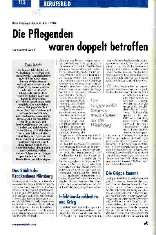 Vorschauseite 1: Die Pflegenden waren doppelt betroffen Die Grippeepidemie im Jahre 1918