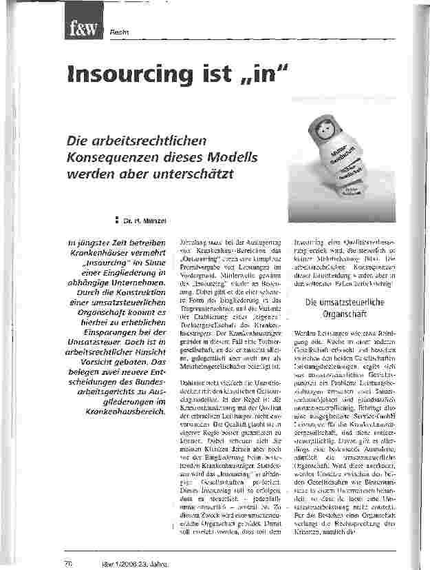 Vorschauseite 1: Insourcing ist in Die arbeitsrechtlichen Konsequenzen dieses Modells werden aber unterschätzt