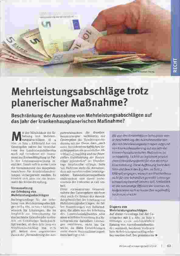 Vorschauseite 1: Mehrleistungsabschläge trotz planerischer Maßnahme? Beschränkungder Ausnahme von Mehrleistungsabschlägen auf das Jahr der krankenhausplanerischen Maßnahme?