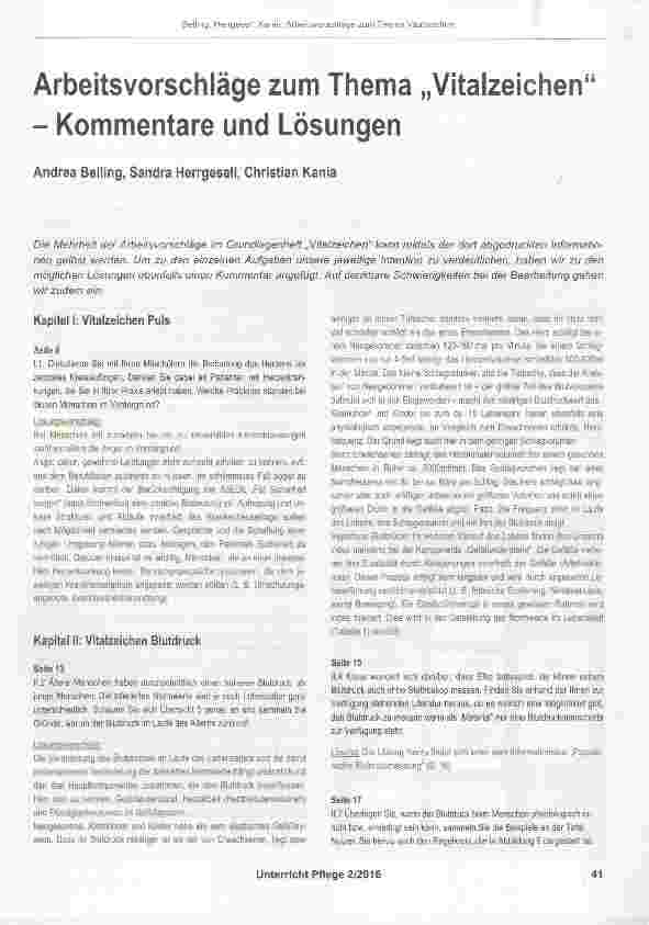 Vorschauseite 1: Arbeitsvorschläge zum Thema „Vitalzeichen“ Kommentare und Lösungen