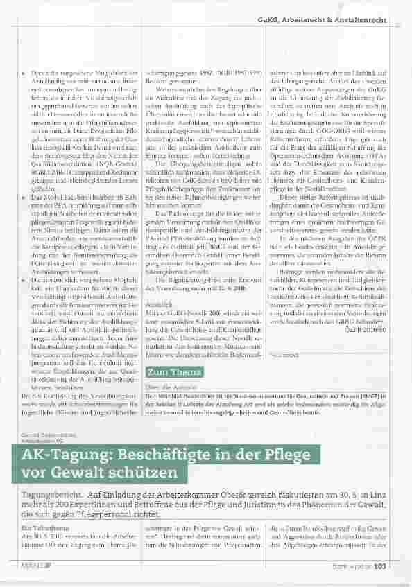 Vorschauseite 1: AK-Tagung: Beschäftigte in der Pflege vor Gewalt schützen