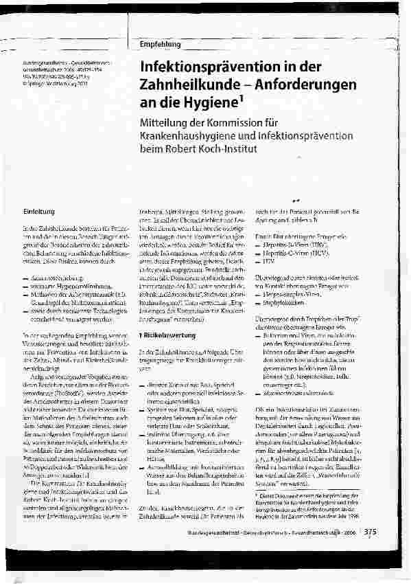 Vorschauseite 1: Infektionsprävention in der Zahnheilkunde - Anforderungen an die Hygiene