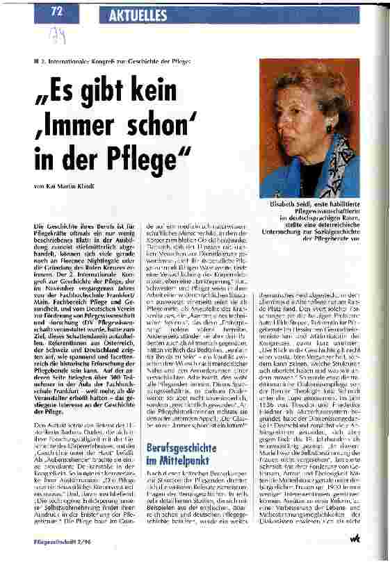 Vorschauseite 1: Es gibt kein immer schon in der Pflege 2. Internationaler Kongreß zur Geschichte der Pflege
