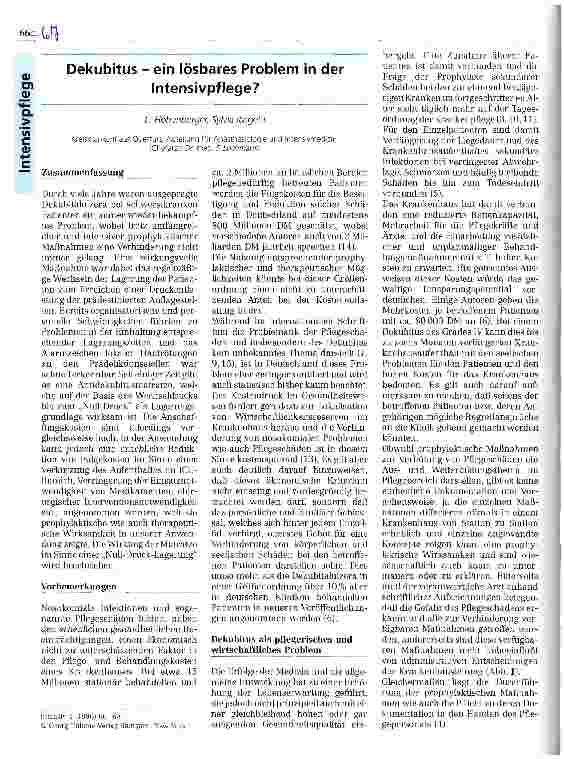 Vorschauseite 1: Dekubitus - ein lösbares Problem in der Intensivpflege?