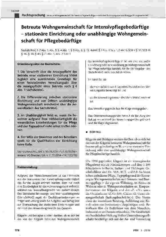 Vorschauseite 1: Betreute Wohngemeinschaft für Intensivpflegebedürftige - stationäre Einrichtung oder unabhängige Wohngemeinschaft für Pflegebedürftige