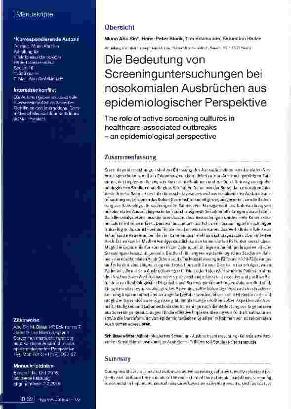 Vorschauseite 1: Die Bedeutung von Screeninguntersuchungen bei nosokomialen Ausbrüchen aus epidemiologischer Perspektive