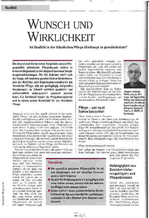 Vorschauseite 1: Wunsch und Wirklichkeit Ist Qualität in der Häuslichen Pflege überhaupt zu gewährleisten?