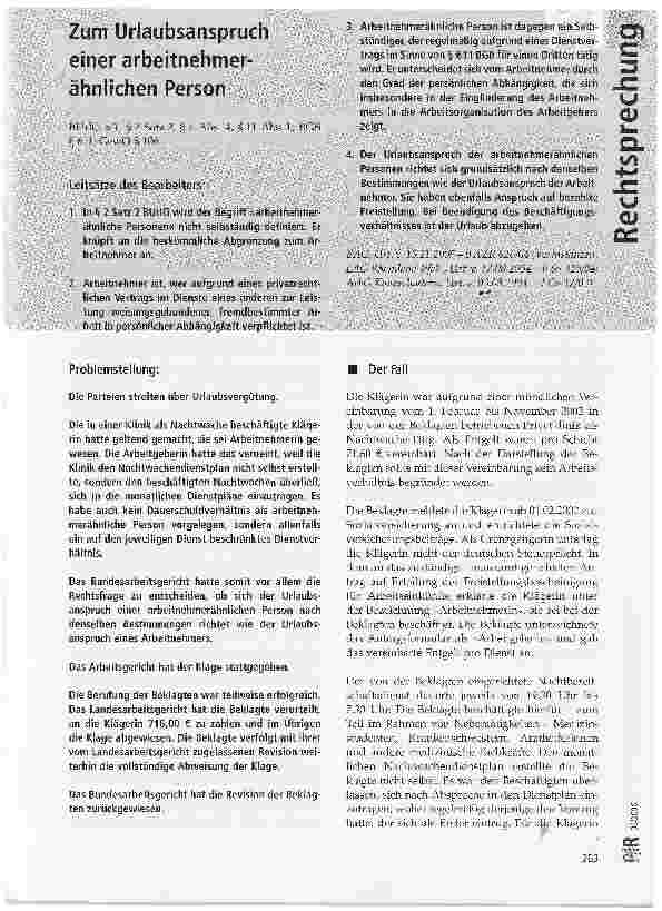 Vorschauseite 1: Zum Urlaubsanspruch einer arbeitnehmerähnlichen Person