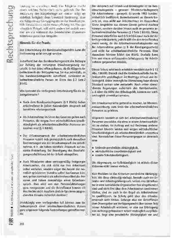 Vorschauseite 6: Zum Urlaubsanspruch einer arbeitnehmerähnlichen Person