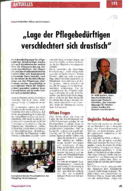 Vorschauseite 1: Lage der Pflegebedürftigen verschlechtert sich drastisch KDA befürchtet Abbau von Leistungen