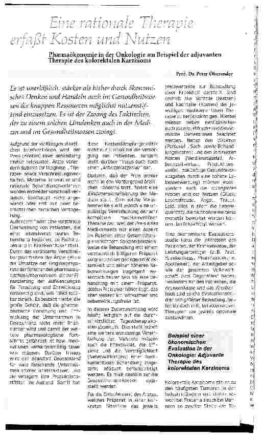 Vorschauseite 1: Eine rationale Therapie erfaßt Kosten und Nutzen - Pharmaökonomie in der Onkologie am Beispiel der adjuvanten Therapie des kolorektalen Karzinoms