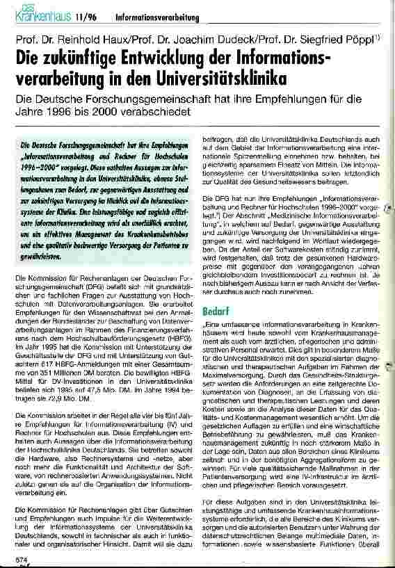 Vorschauseite 1: Die zukünftige Entwicklung der Informationsverarbeitung in den Universitätsklinika