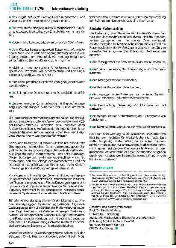 Vorschauseite 3: Die zukünftige Entwicklung der Informationsverarbeitung in den Universitätsklinika