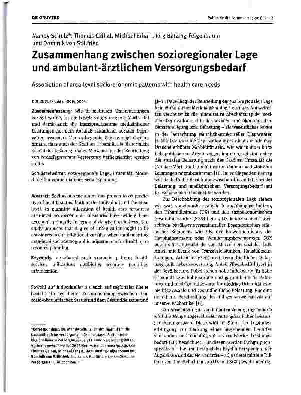 Vorschauseite 1: Zusammenhang zwischen sozioregionaler Lage und ambulant-ärztlichem Versorgungsbedarf