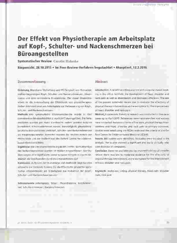 Vorschauseite 1: Der Effekt von Physiotherapie am Arbeitsplatz auf Kopf-, Schulterund Nackenschmerzen bei Büroangestellten