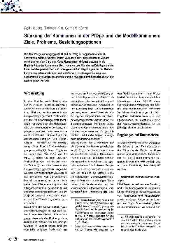 Vorschauseite 1: Stärkung der Kommunen in der Pflege und die Modellkommunen: Ziele, Probleme, Gestaltungsoptionen