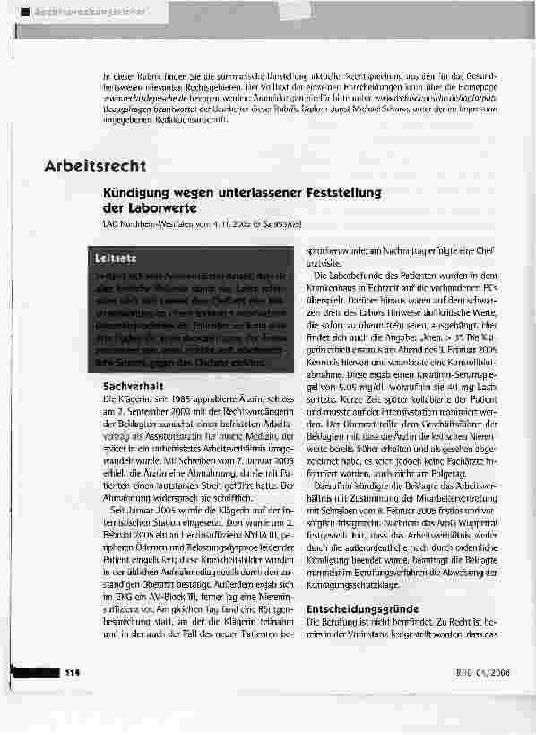 Vorschauseite 1: ArbeitsrechtKündigung wegen unterlassener Feststellung der Laborwerte