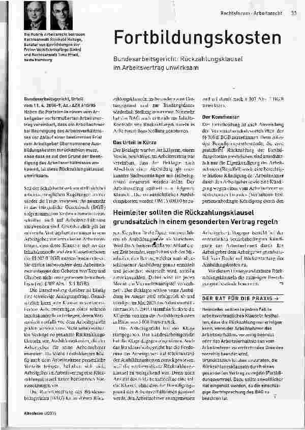 Vorschauseite 1: FortbildungskostenBundesarbeitsgericht: Rückzahlungsklausel im.Arbeitsvertrag unwirksam