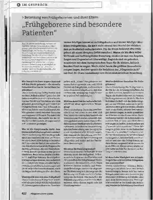 Vorschauseite 1: Betreuung von Frühgeborenen und ihrer Eltern:Frühgeborene sind besondere Patienten
