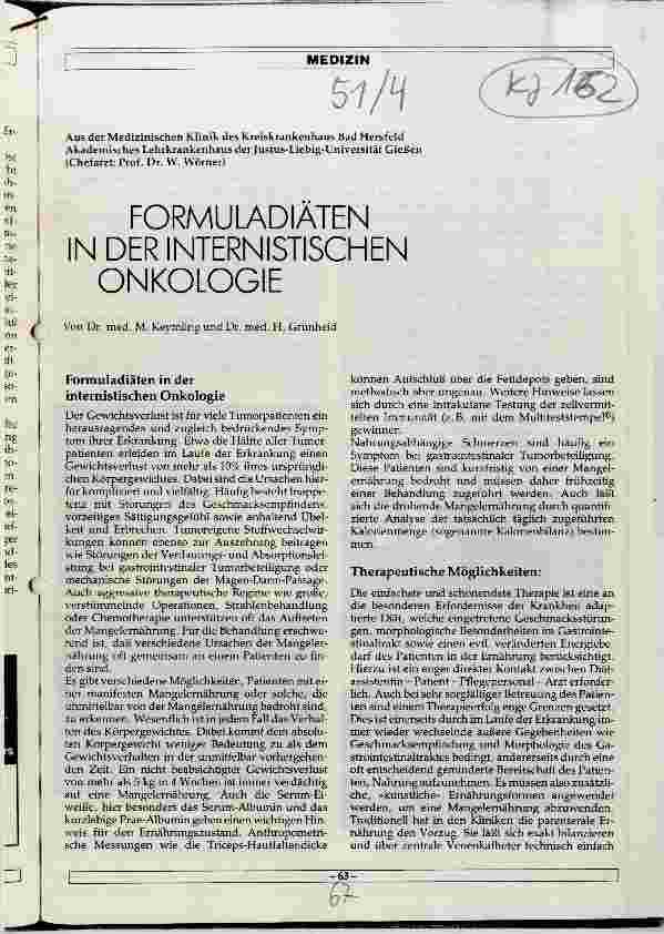 Vorschauseite 1: Formuladiäten in der internistischen Onkologie
