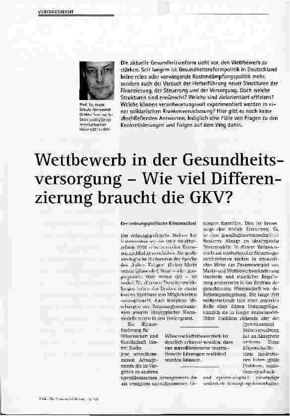 Vorschauseite 1: Wettbewerb in der Gesundheitsversorgung - Wie viel Differenzierung braucht die GKV?