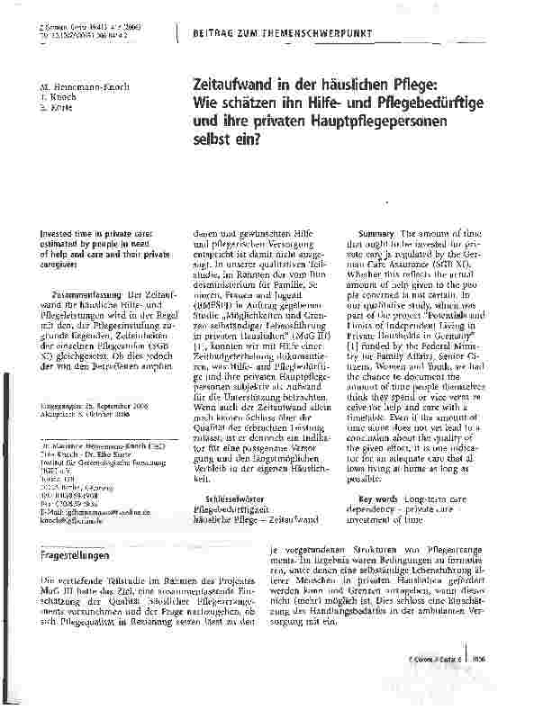 Vorschauseite 1: Zeitaufwand in der häuslichen Pflege: Wie schätzen ihn Hilfeund Pflegebedürftige und ihre privaten Hauptpflegepersonen selbst ein?