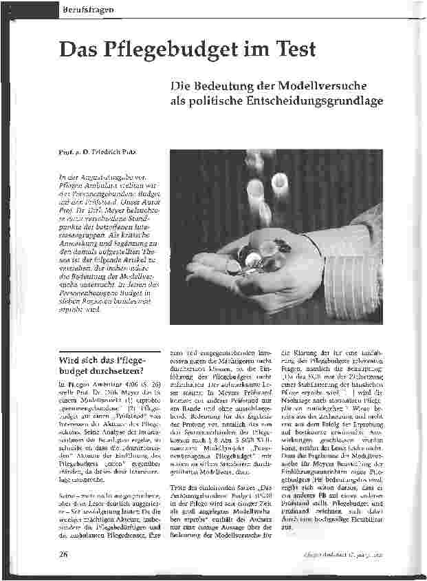 Vorschauseite 1: Das Pflegebudget im Test - Die Bedeutung der Modellversuche als politische Entscheidungsgrundlage