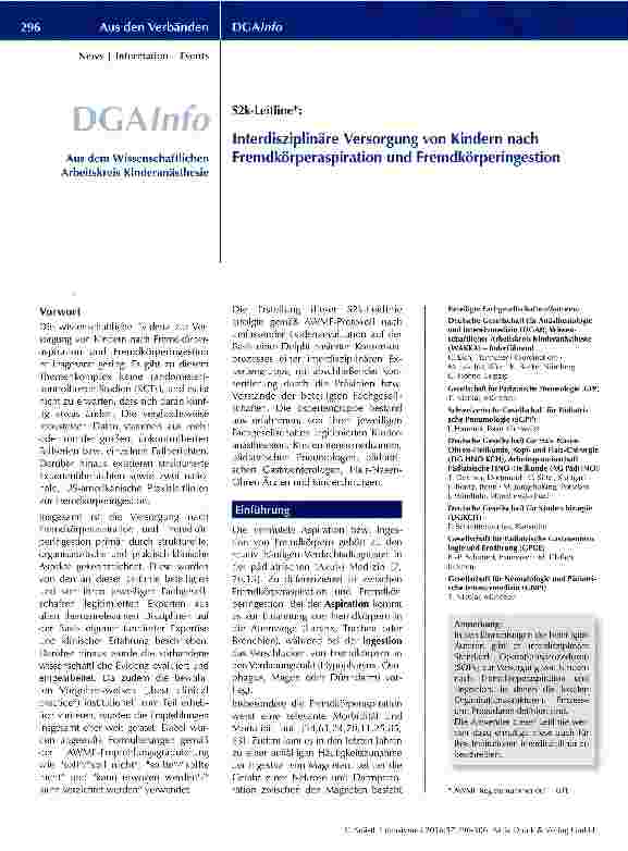 Vorschauseite 1: Interdisziplinäre Versorgung von Kindern nach Fremdkörperaspiration und Fremdkörperingestion