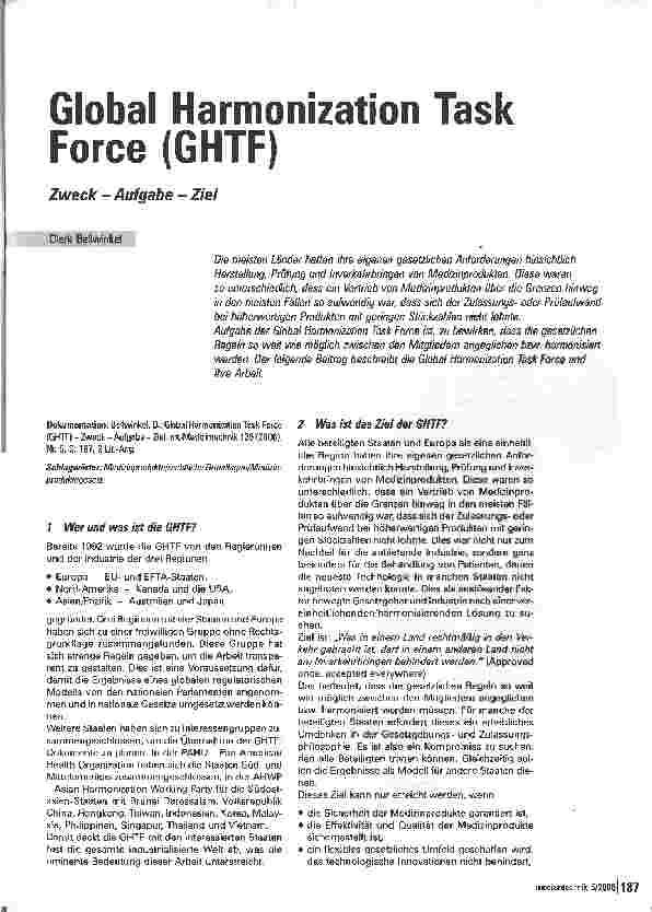 Vorschauseite 1: Global Harmonization Task Force (GHTF)Zweck - Aufgabe - Ziel