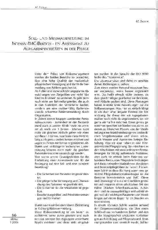 Vorschauseite 1: SOLL-UND MINIMALBESETZUNG IMINTENSIV-IMC-BEREICH - EIN ASSESSMENT ZUAUFGABENPRIORITÄTEN IN DER PFLEGE