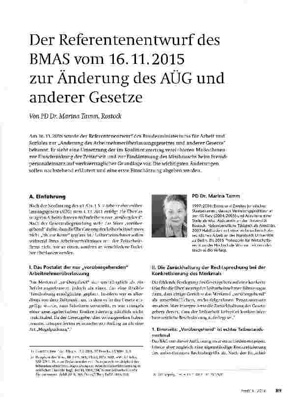 Vorschauseite 1: Der Referentenentwurf des BMAS vom 16.11.2015 zur Änderung des AÜG und anderer Gesetze