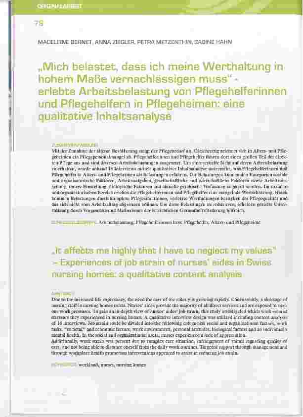 Vorschauseite 1: „Mich belastet, dass ich meine Werthaltung in hohem Maße vernachlässigen muss“ erlebte Arbeitsbelastung von Pflegehelferinnen und Pflegehelfern in Pflegeheimen: eine qualitative I…
