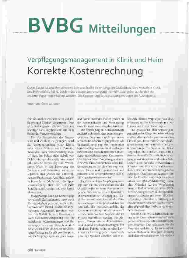 Vorschauseite 1: Verpflegungsmanagement in Klinik und Heim Korrekte Kostenrechnung
