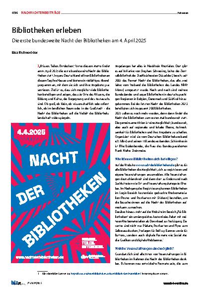 Vorschauseite 1: Bibliotheken erleben die erste bundesweite Nacht der Bibliotheken am 4. April 2025.