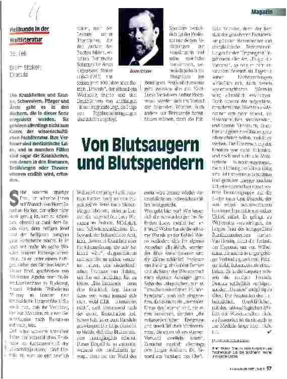 Vorschauseite 1: Von Blutsaugern und Blutspendern Heilkunde in der Weltliteratur 26. Teil: Bram Stoker: Dracula