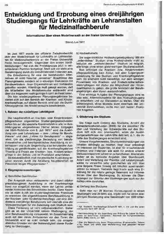 Vorschauseite 1: Entwicklung u. Erprobung eines dreijährigen Studienganges für Lehrkräfte an Lehranstalten für Medizinalfachberufe