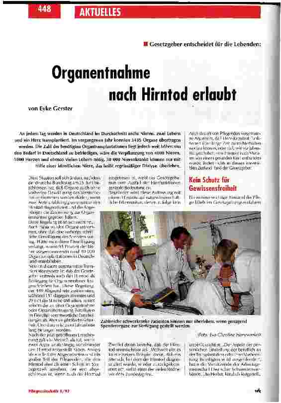 Vorschauseite 1: Organentnahme nach Hirntod erlaubt Gesetzgeber entscheidet für die Lebenden