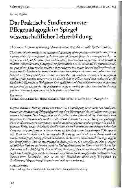 Vorschauseite 1: Das Praktische Studiensemester Pflegepädagogik im Spiegel wissenschaftlicher Lehrerbildung