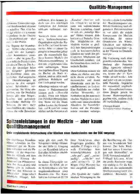 Vorschauseite 1: Spitzenleistungen in der Medizin - aber kaum Qualitätsmanagement Erste vergleichende Untersuchung aller Kliniken eines Bundeslandes von der DAK vorgelegt