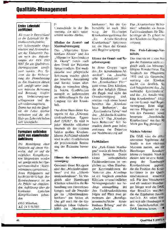 Vorschauseite 4: Spitzenleistungen in der Medizin - aber kaum Qualitätsmanagement Erste vergleichende Untersuchung aller Kliniken eines Bundeslandes von der DAK vorgelegt