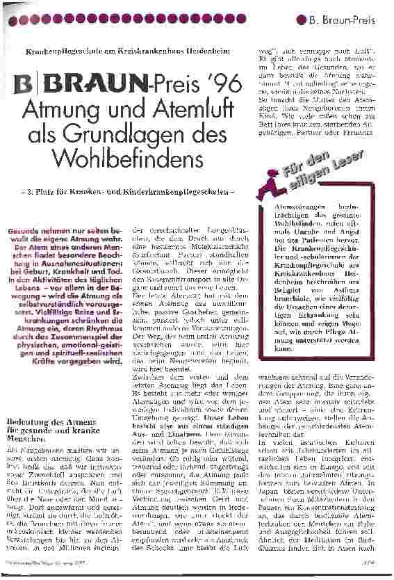 Vorschauseite 2: BBraun-Preis 96 Atmung und Atemluft asl Grundlagen des Wohlbefindens 3. Platz für Krankenund Kinderkrankenpflegeschulen