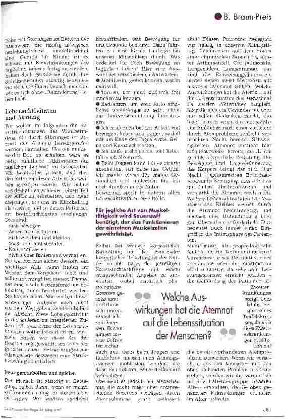 Vorschauseite 4: BBraun-Preis 96 Atmung und Atemluft asl Grundlagen des Wohlbefindens 3. Platz für Krankenund Kinderkrankenpflegeschulen