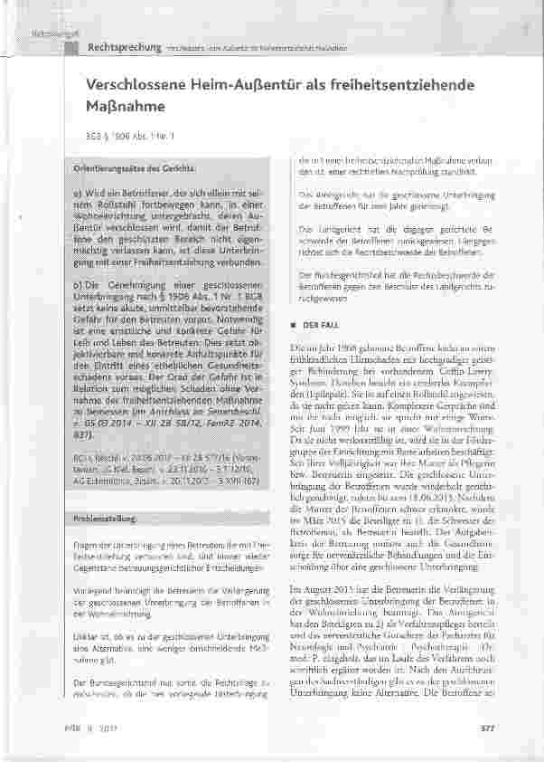 Vorschauseite 1: Verschlossene Heim-Außentür als freiheitsentziehende Maßnahme