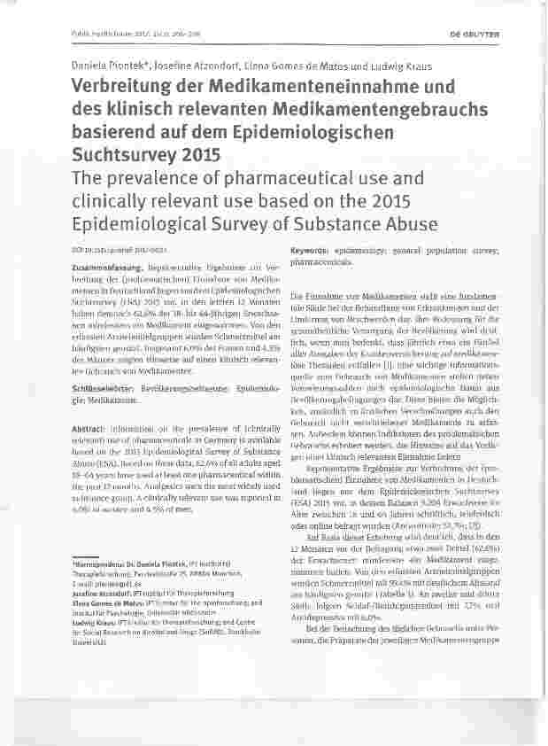 Vorschauseite 1: Verbreitung der Medikamenteneinnahme und des klinisch relevanten Medikamentengebrauchs basierend auf dem Epidemiologischen Suchtsurvey 2015