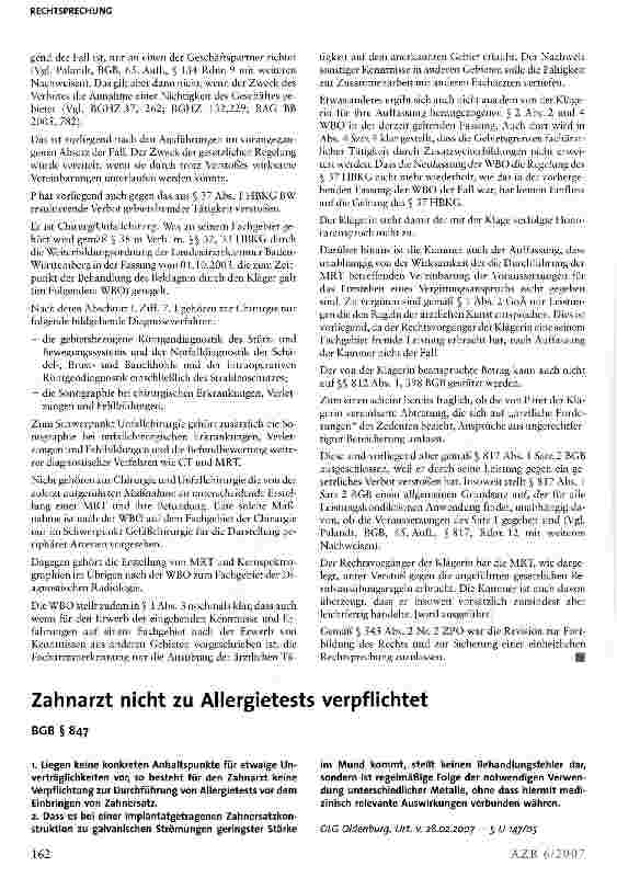 Vorschauseite 1: Zahnarzt nicht zu Allergietests verpflichtet