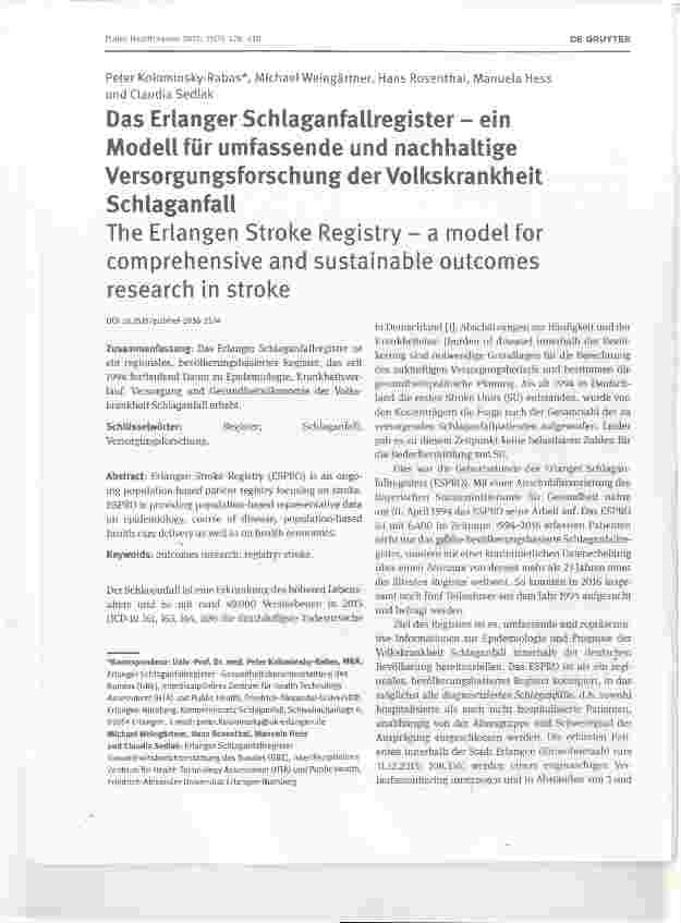 Vorschauseite 1: Das Erlanger Schlaganfallregister ein Modell für umfassende und nachhaltige Versorgungsforschung der Volkskrankheit Schlaganfall