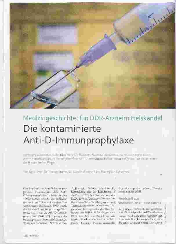 Vorschauseite 1: Medizingeschichte: Ein DDR-Arzneimittelskandal Die kontaminierte Anti-P-Immunprophylaxe