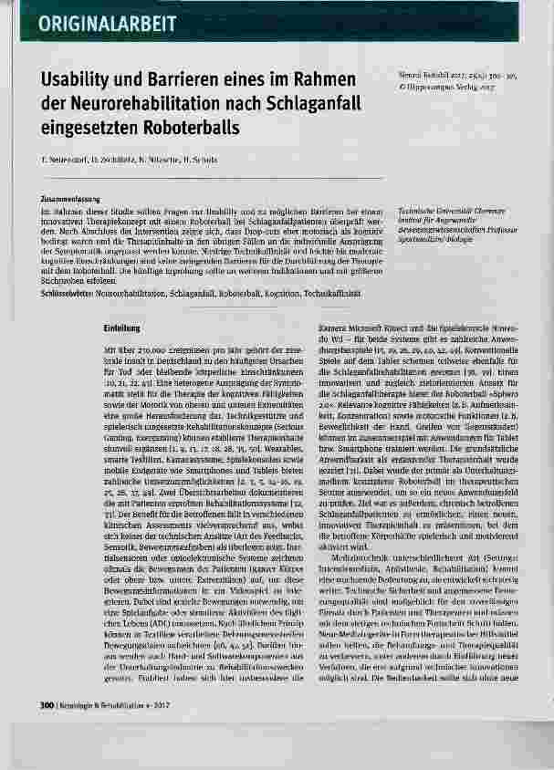 Vorschauseite 1: Usability und Barrieren eines im Rahmen der Neurorehabilitation nach Schlaganfall eingesetzten Roboterballs
