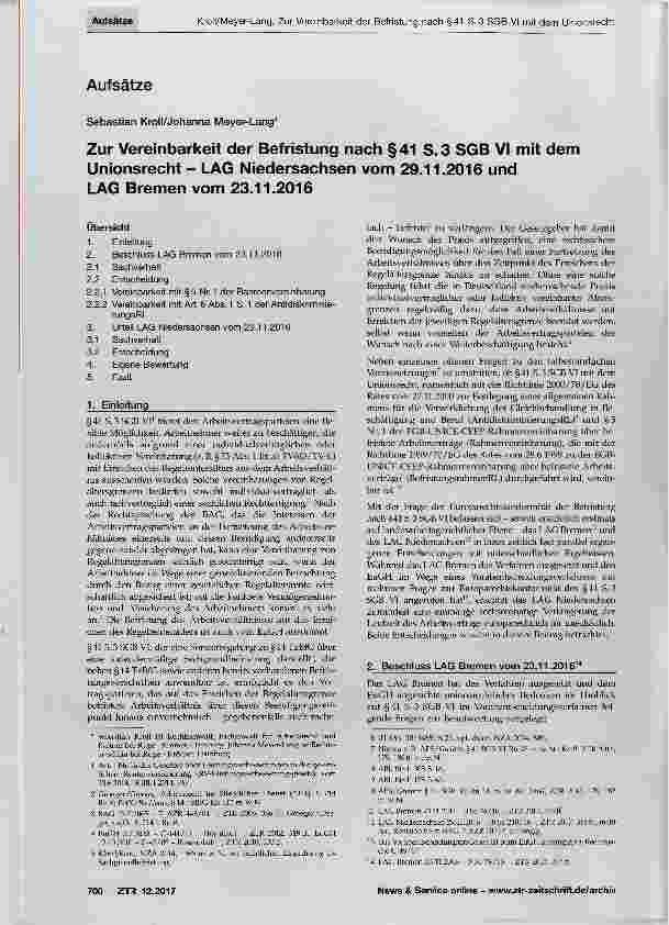 Vorschauseite 1: Zur Vereinbarkeit der Befristung nach §41 S.3 SGB VI mit dem Unionsrecht LAG Niedersachsen vom 29.11.2016 und LAG Bremen vom 23.11.2016